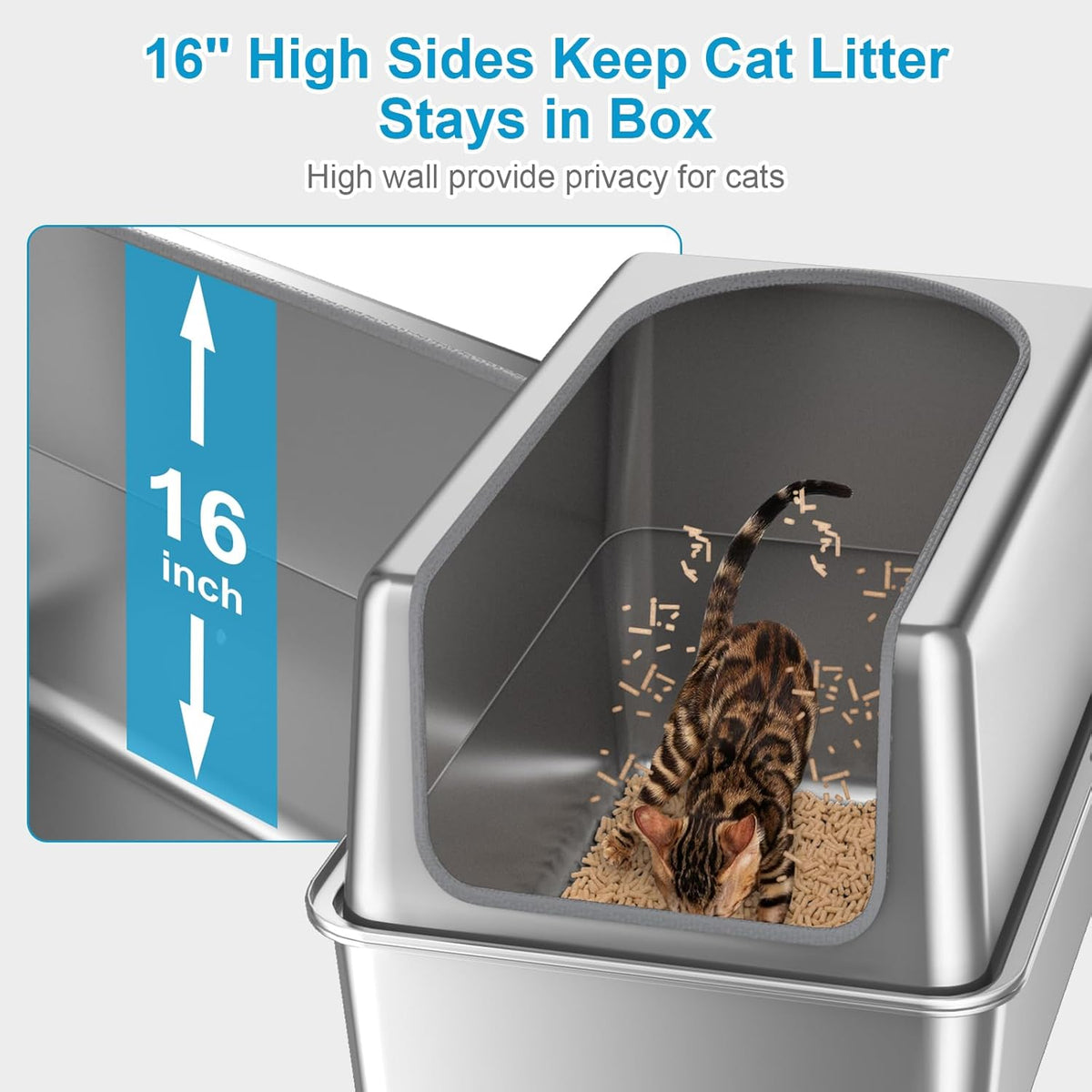16'' High Sides XXXL All Stainless Steel Cat Litter Box with Lid,8'' Deep Metal Litter Box for Big