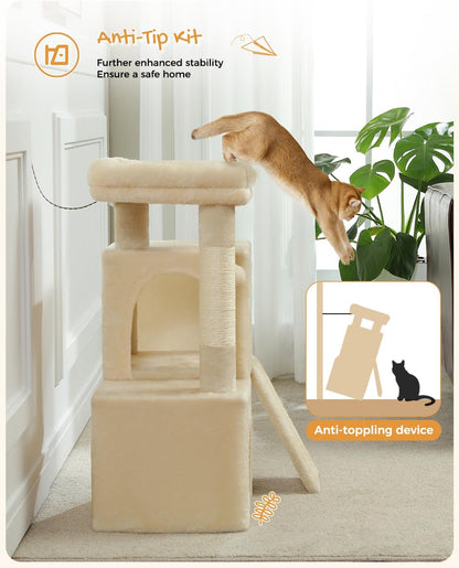 PAWZ Road Cat Tree, 30 Inches Cat Tower with Dual Condos for Indoor Cats, Plush Cat House with