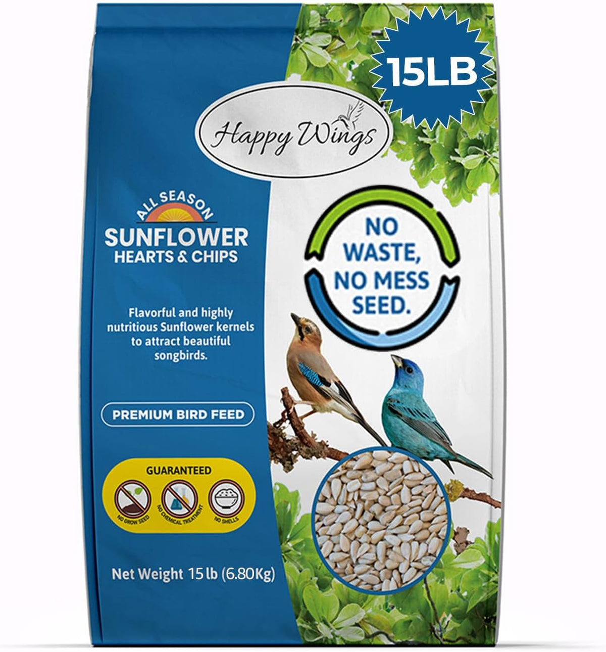 Sunflower Hearts & Chips Bird Food 15 lbs No Mess, No Waste Seed No Grow Formula Ideal for Wild