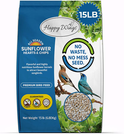 Sunflower Hearts & Chips Bird Food 15 lbs No Mess, No Waste Seed No Grow Formula Ideal for Wild