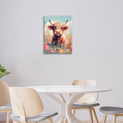 Highland Cow Wall Art Canvas Flower Cattle Wall Decor Prints Framed Painting Animal Pictures Gifts
