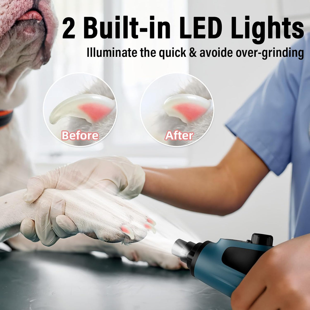 Casfuy Smart 6-Speed Dog Nail Grinder - 50% More Power Pet Nail Grinder with 2 LED Lights Quiet