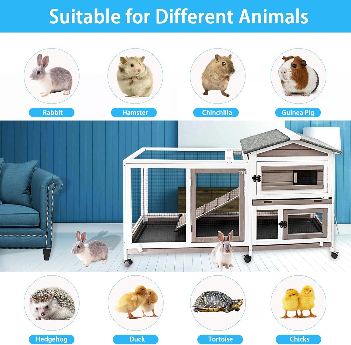 Rabbit Hutch Indoor Outdoor Two Story Bunny Hutch with Wheels Guinea Pig Cage with Removable No