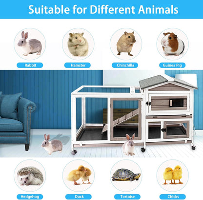 Rabbit Hutch Indoor Outdoor Two Story Bunny Hutch with Wheels Guinea Pig Cage with Removable No