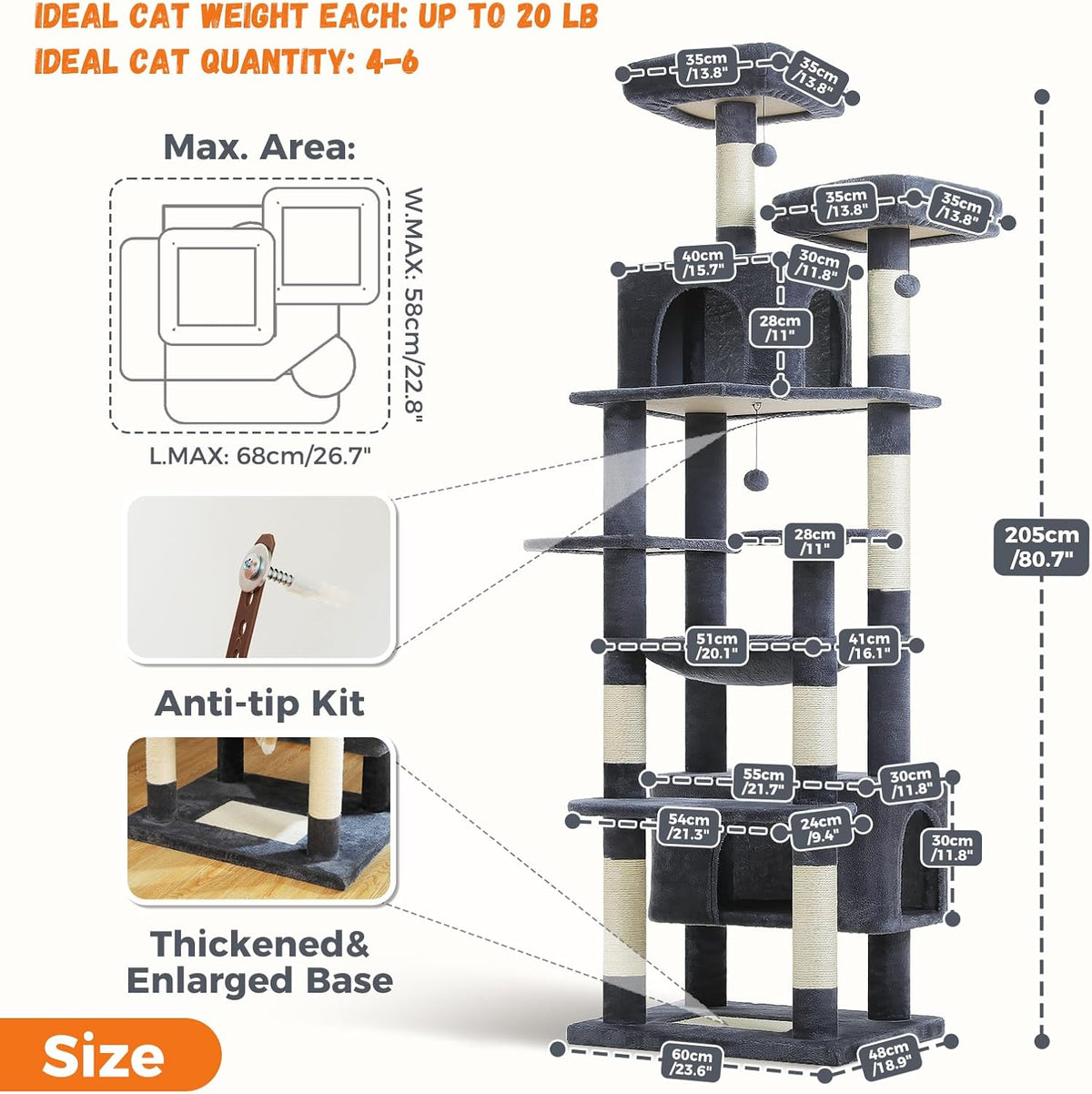 PAWZ Road Heavy Duty Cat Tree for Large Cats, 81 Inches Tall Cat Tower with 2 Perches, 2 Condos and