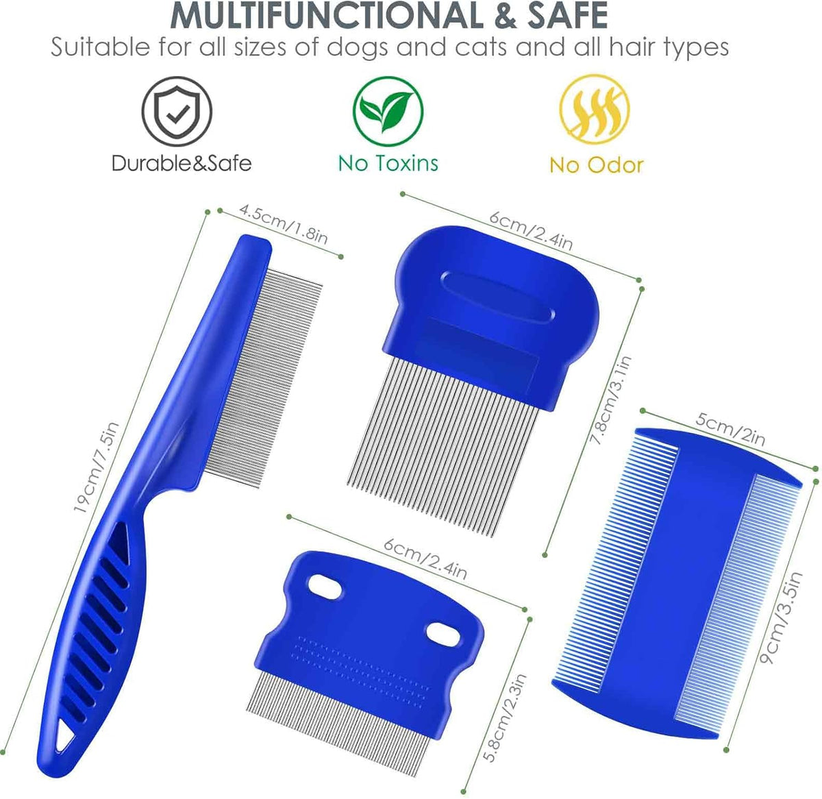 4 Pack Flea Lice Comb, Stainless Steel Dog Cat Grooming Combs with Rounded Teeth, Double Sided