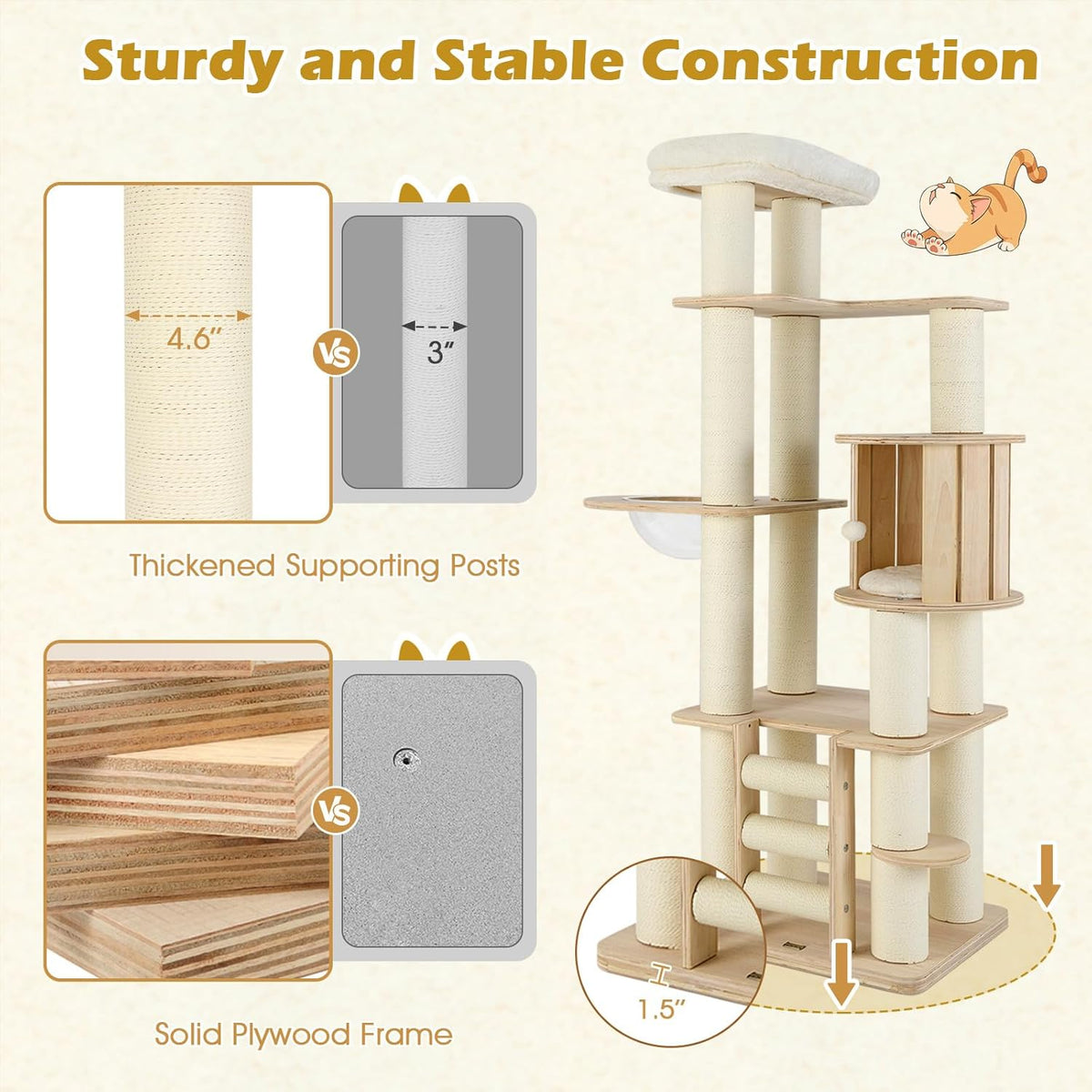 Tangkula 71” Tall Cat Tree, Multi-Layer Wood Cat Tower with Scratching Posts, Perch, Condo, Space