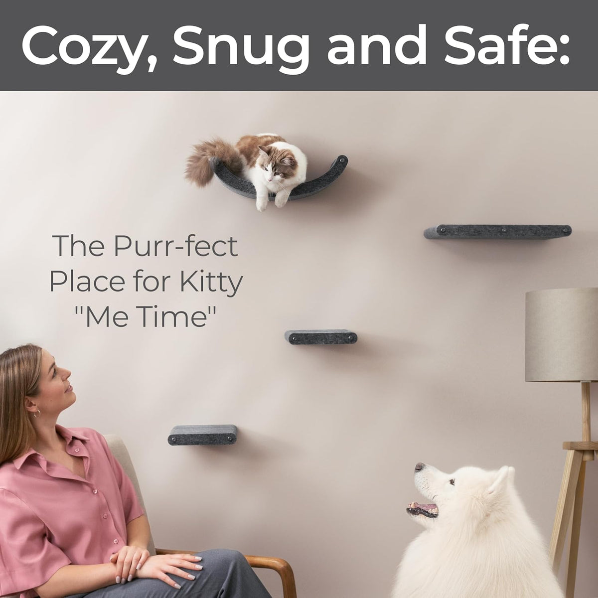 Wall Mounted Cat Shelves (Set of 4) by Pryde Pets - 100% Sustainable PET Felt Feline Enrichment