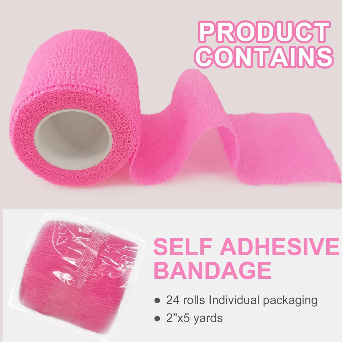 24 Pack Pink Self Adhesive Bandage Wrap, 2” x 5 Yards Cohesive Vet Wrap Elastic Athletic Tape Grip