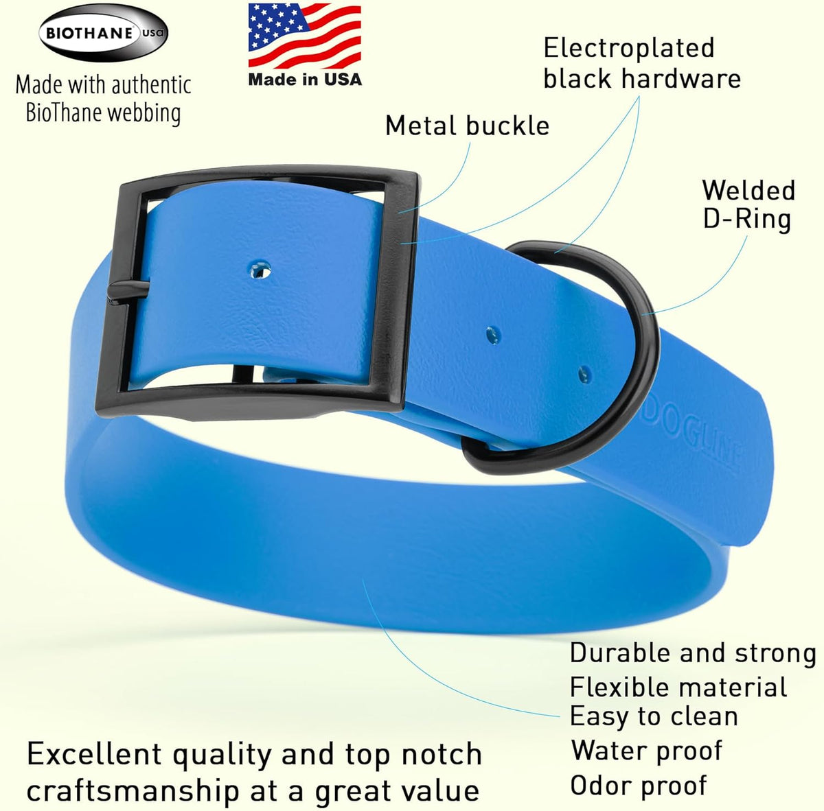 Dogline Biothane Waterproof Dog Collar Strong Coated Nylon Webbing with Black Hardware Odor- Proof