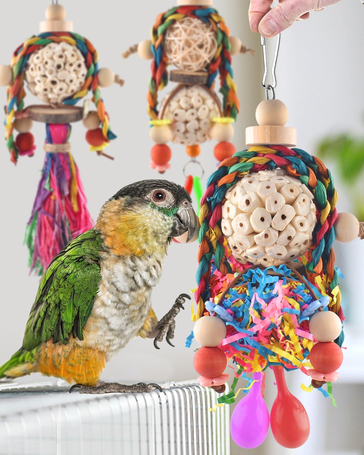 Bissap 3PCS Bird Parrot Foraging Shredder Hanging Toys Sola Balls with Sand Hammer for Small
