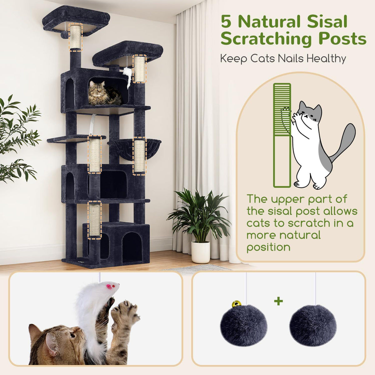 Globlazer Sturdy Cat Tree for Large Cats, 77 inch Large Cat Climbing Tower for Indoor Adult Cats