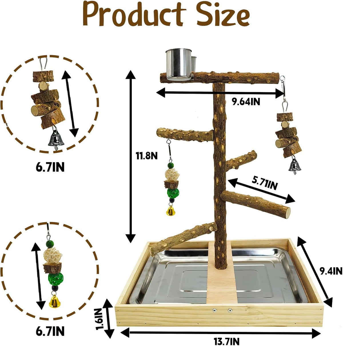 Tfwadmx Bird Perch Natural Wood Stand Toy Parrot Play Stand Platform Bird Cage with Removable Tray