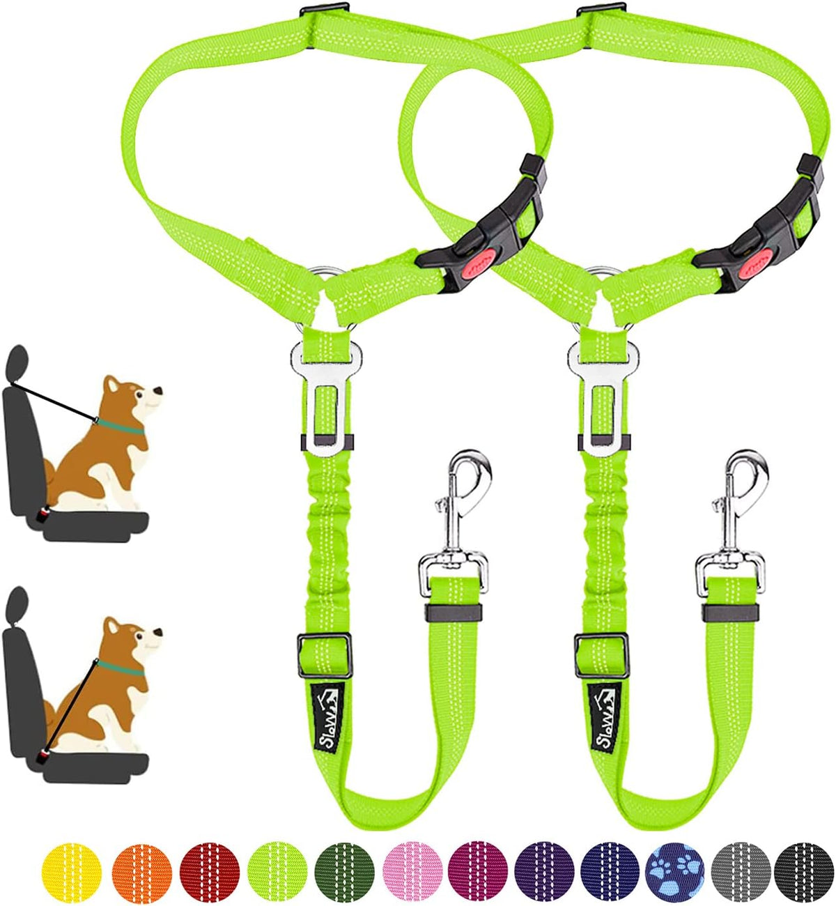SlowTon Dog Seat Belt for Car, 2 Pack Dog Car Harness Seatbelt Adjustable with Elastic Bungee