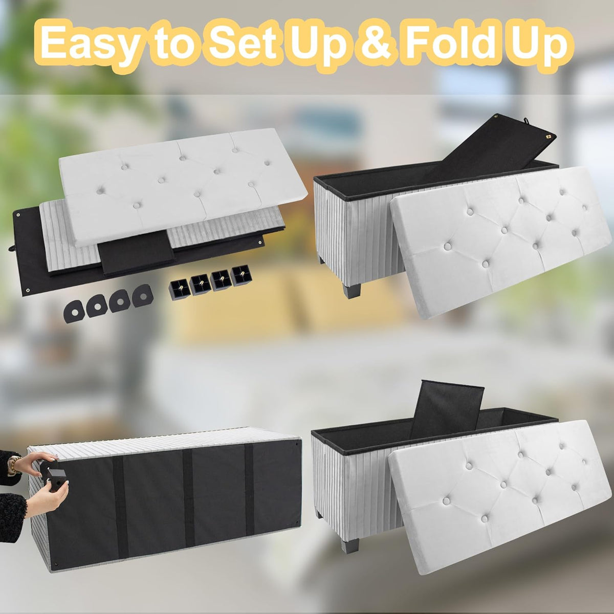 Storage Ottoman Bench, 43 Inch Foldable Ottoman with Legs, Velvet Foot Rest Stool, End of Bed