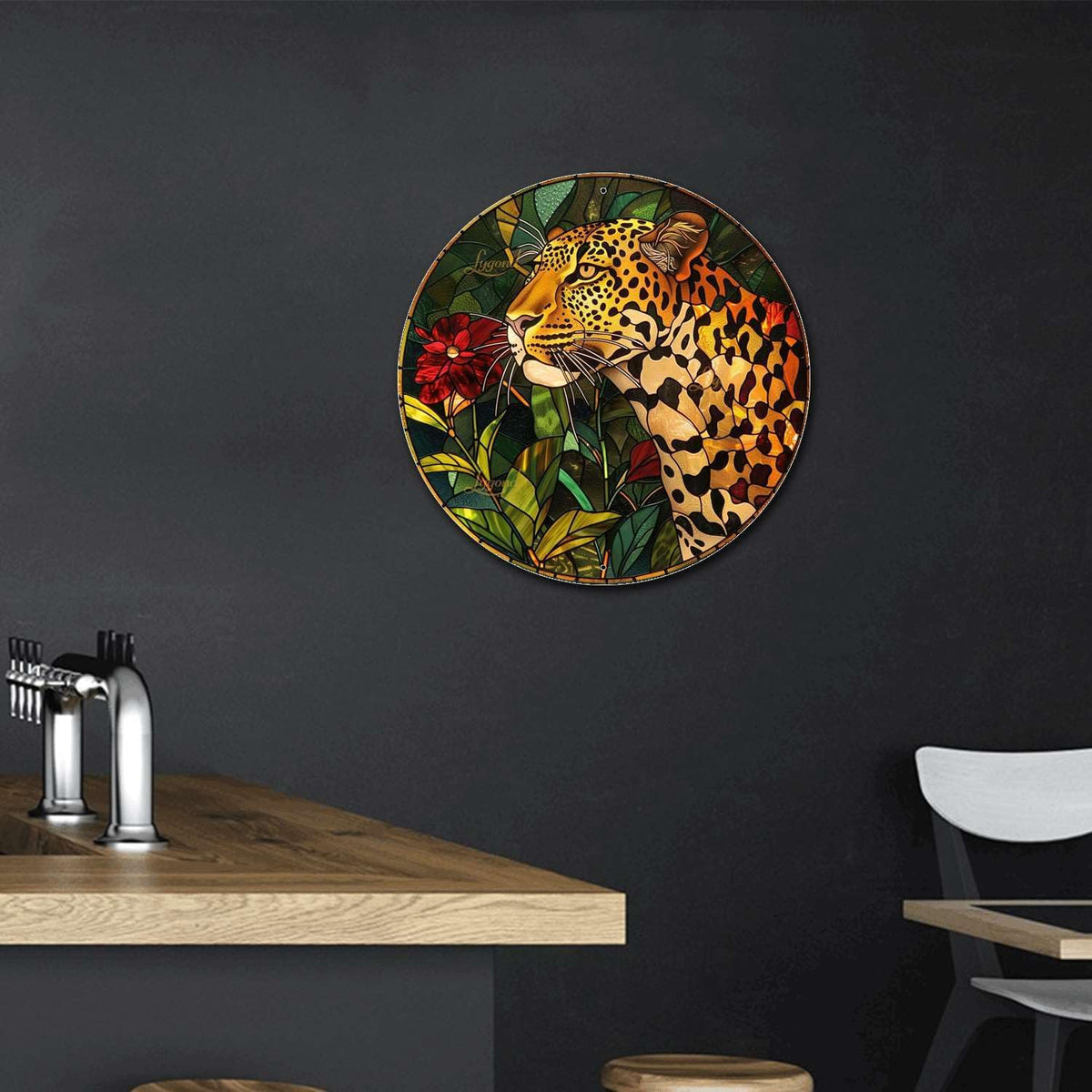 Lygond Metal Sign Tin Sign Circular Stained Glass Leopard Minimalist Wall Art for Garden 12×12