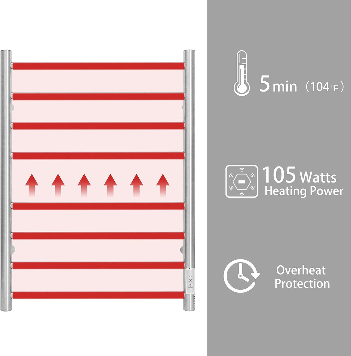 KEG Towel Warmer Wall Mounted with Built-in Timer 8 Bars Electric Stainless Steel Heated Towel