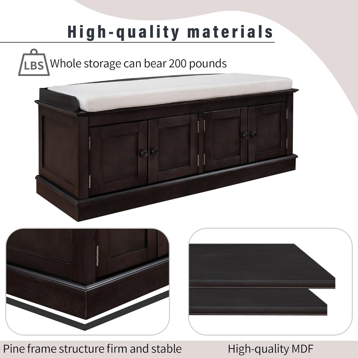 Shoe Storage Bench with 4 Doors and Adjustable Shelves, Shoe Bench with Removable Cushion for