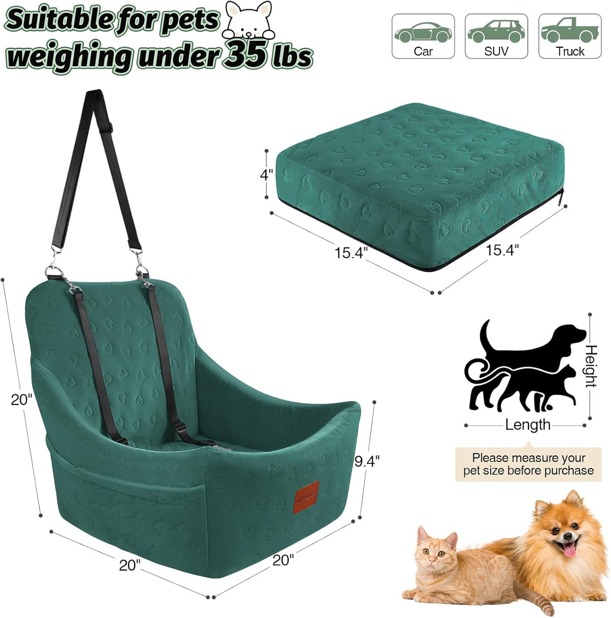 Dog Car Seat for Medium Dogs, Pet Travel Bed with Seat Belt Channel, Fully Detachable and Washable