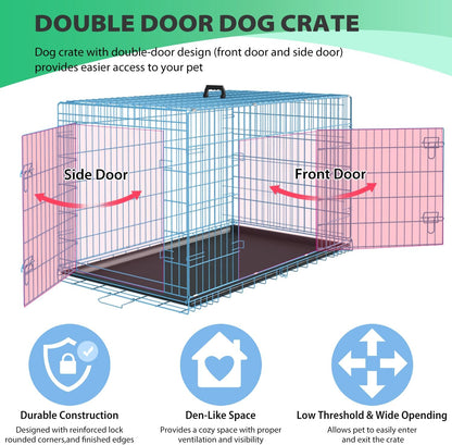 BestPet | Dog Crate | 24" | Blue | Foldable Metal Kennel with Double Doors, Secure Slide-Bolt