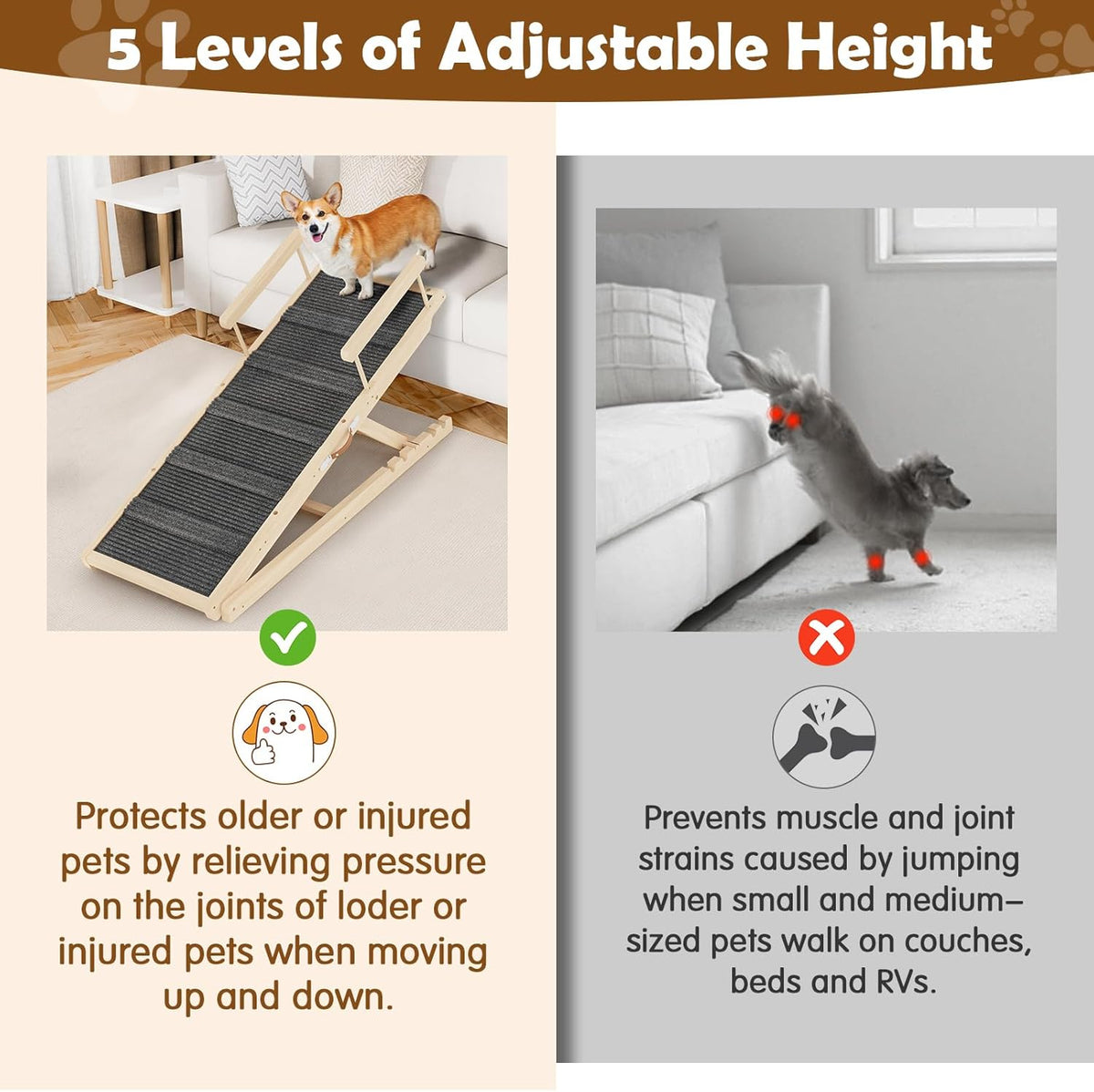 Dog Ramp for Couch, Bed or Car, Wooden 55" Long Pet Stairs for Small & Large Old Dogs & Cats, Hold