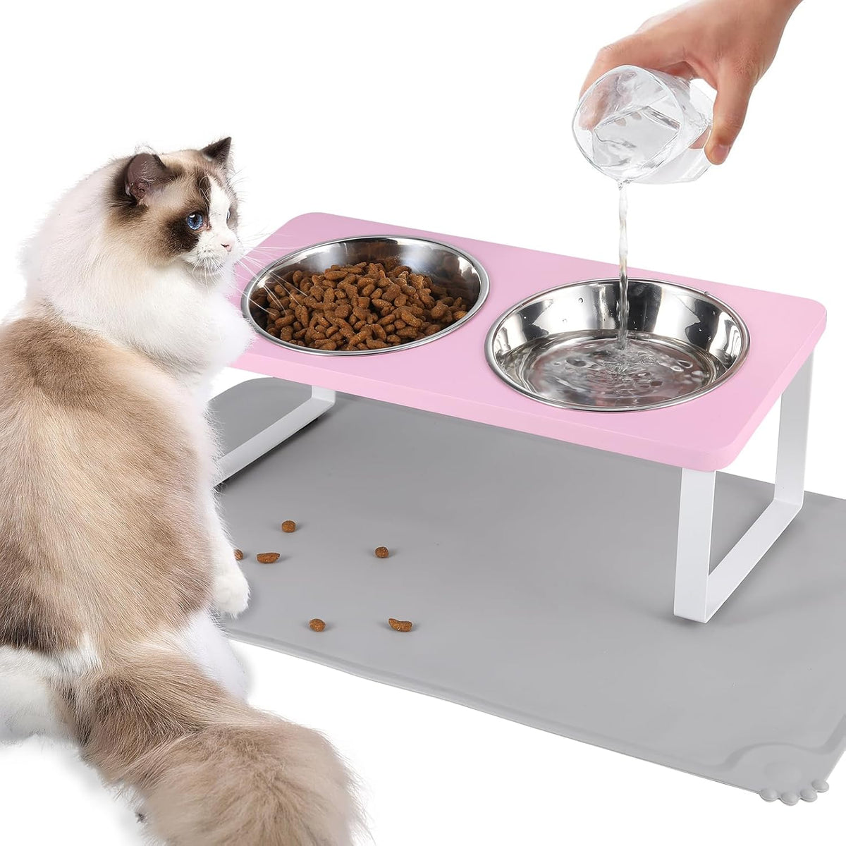 Upgraded Elevated Cat Bowls with Food Mat,15°Tilted Stand Anti Vomiting Raised Cat Dishes for Food