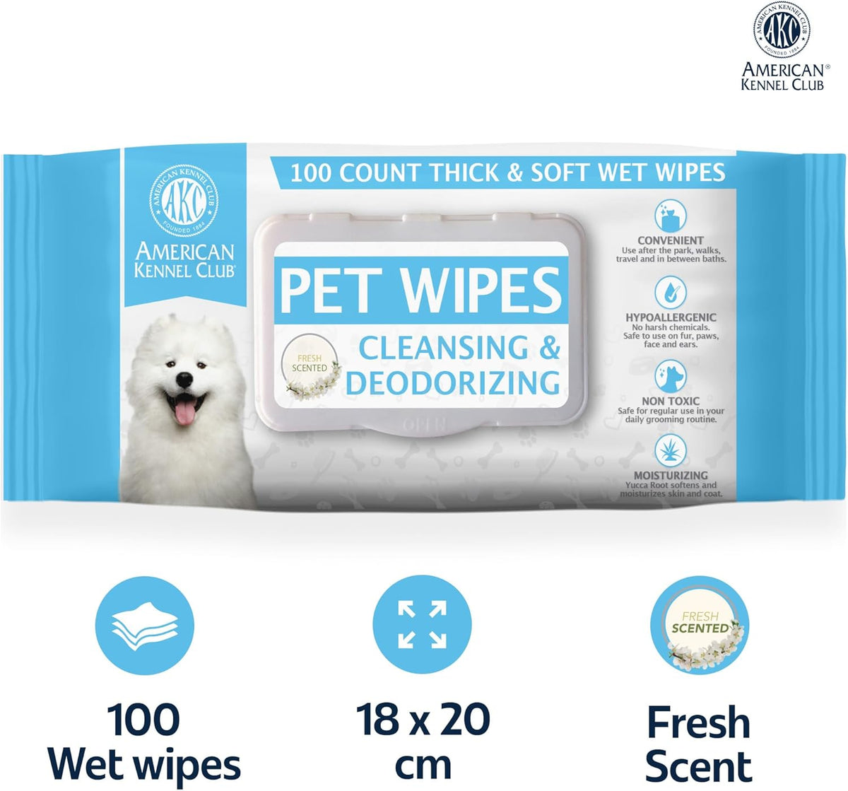 AKC Pet Wipes for Dogs & Cats – Hypoallergenic, Alcohol-Free Wipes for Paws, Face, Ears & Coat