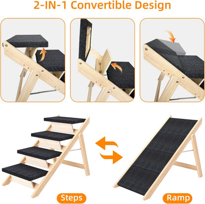 Dog Stairs/Ramp for Bed, Wooden Convertible Pet Steps, Portable Dog Ladder Up to 180 Pound for