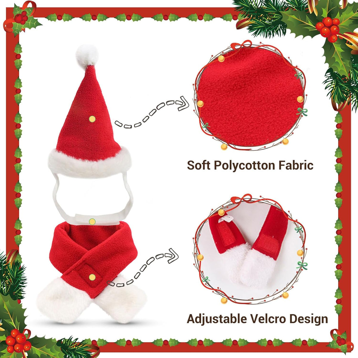 Enjoying Cat Christmas Costume, Santa Hat with Red Scarf for Cats Small Dogs, Rabbit Xmas Outfit