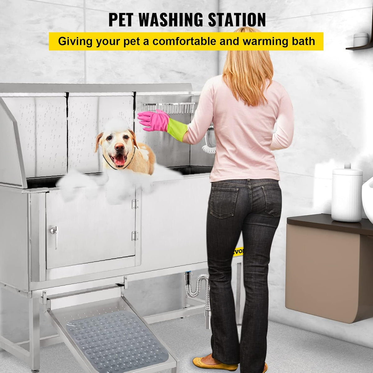 VEVOR Dog Grooming Tub, 62" L Pet Wash Station, 304 Stainless Steel Pet Grooming Tub Rated 661LBS