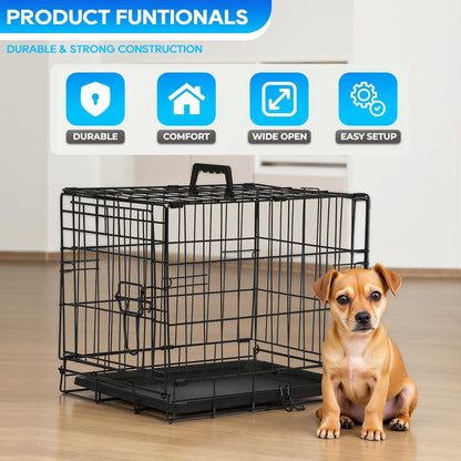 FDW Dog Crate for Small Dogs 18 Inch Folding Metal Wire Pet Cage Double Door W/Divider Panel Indoor