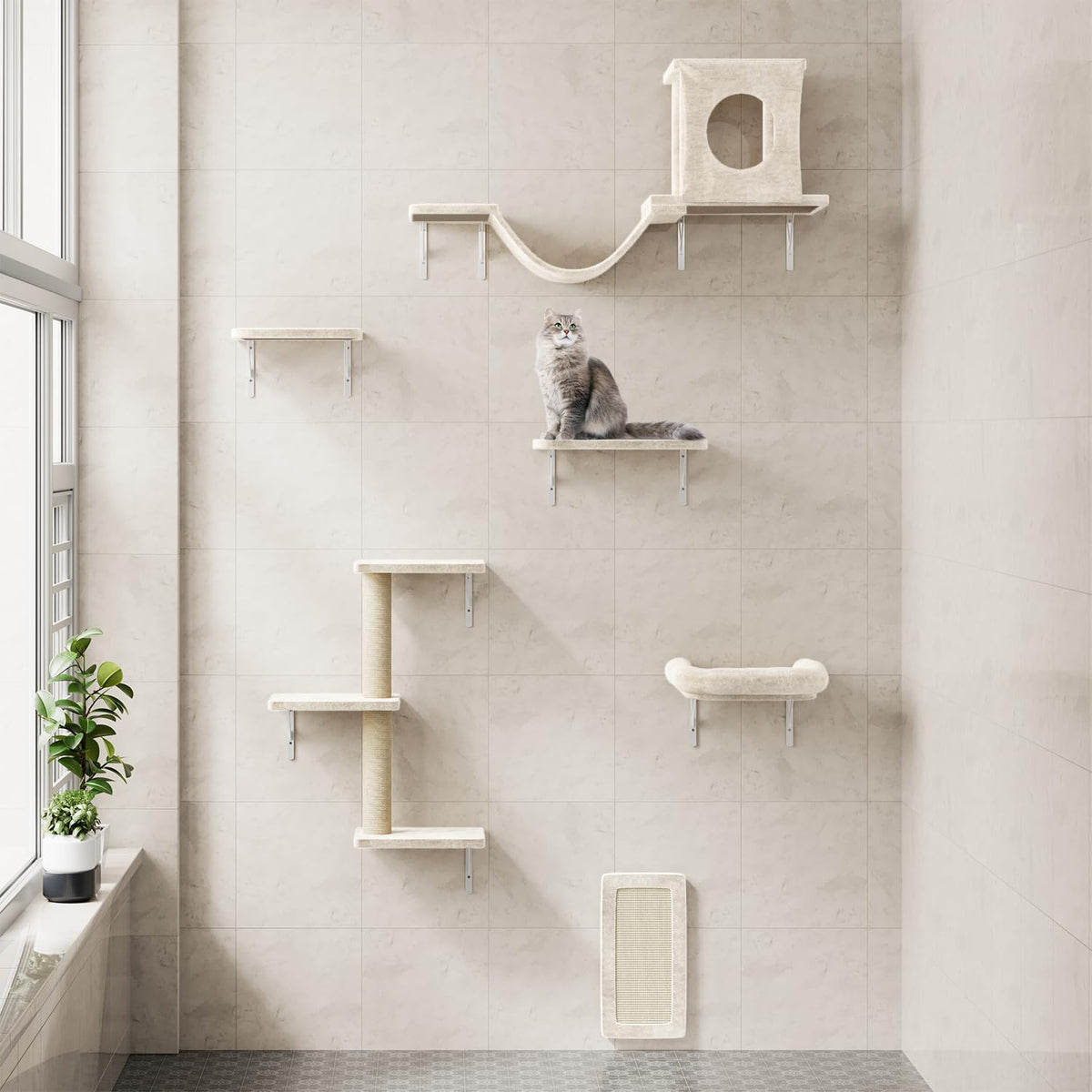 NUNU LAB Cat Wall Shelves, 6 Pcs Luxury Wall-Mounted Cat Climber Set, Indoor Cat Furniture with 1