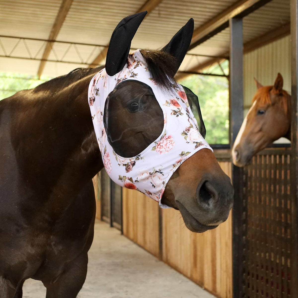 Jeffers Expression Lycra Horse Fly Mask – Oversize, Rose Garden – Lightweight Stretch Horse Mask