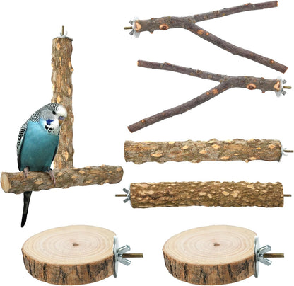 Bird Perch Stand, Pole Standing Natural Wood Bird Perch Set 7PCS Paw Grinding Fork Parrot Cage
