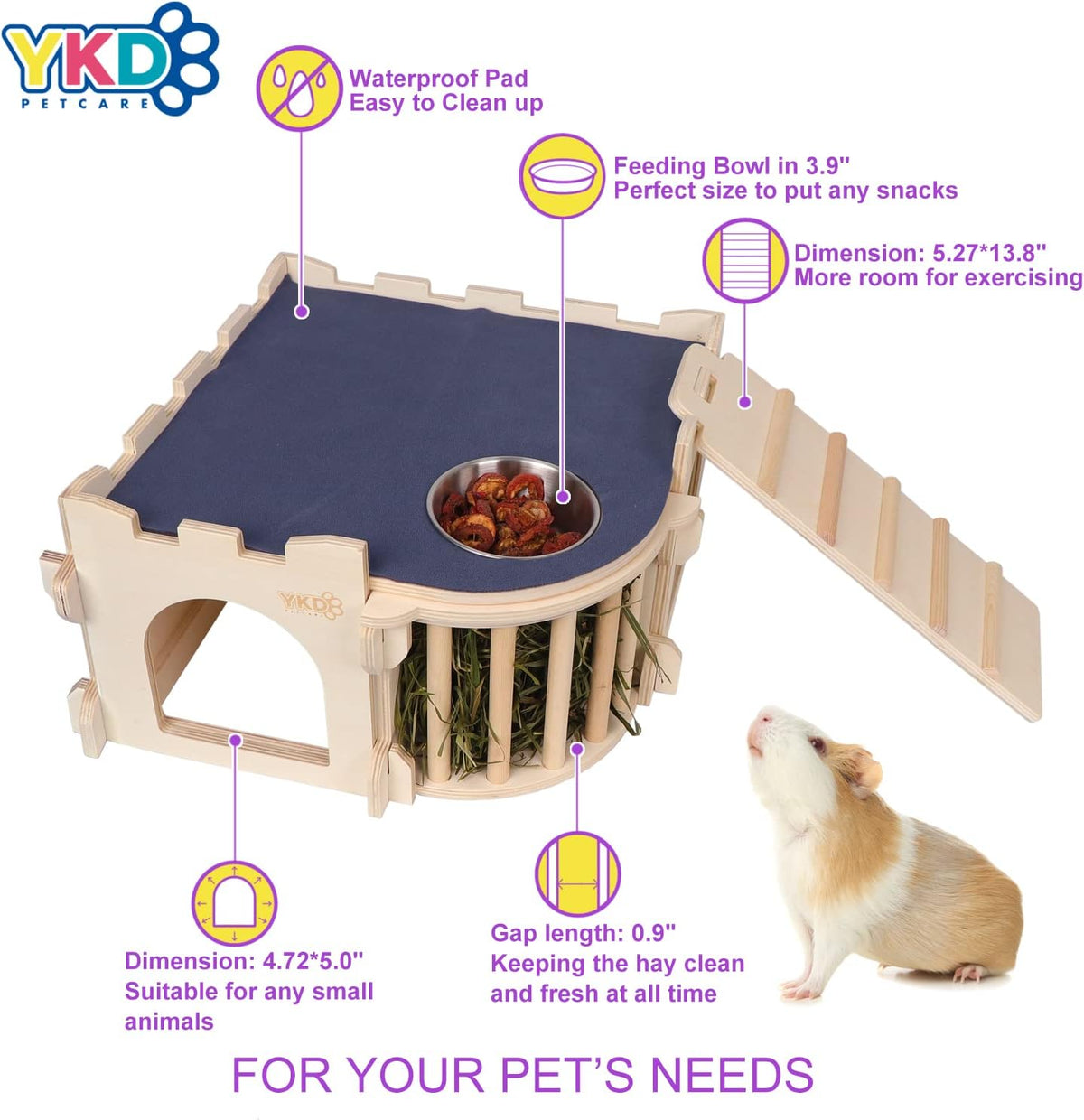 Large Guinea Pig Castle, Natural Wood Rabbit House with Ladder and Hay Feeder, Small Animal Hideout