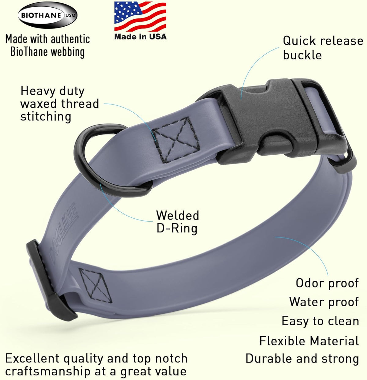 Dogline Biothane Waterproof Dog Collar with Quick Release Buckle Strong Coated Nylon Webbing with