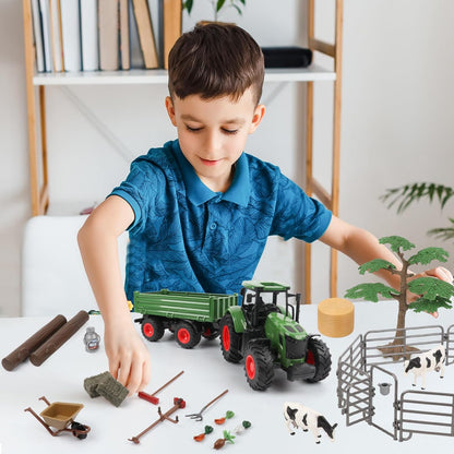 Farm Animal Tractor Toys Playset-16.5 Inches Tractor with Trailer Fence,Farmer,Tree,Cow,Farm Toy