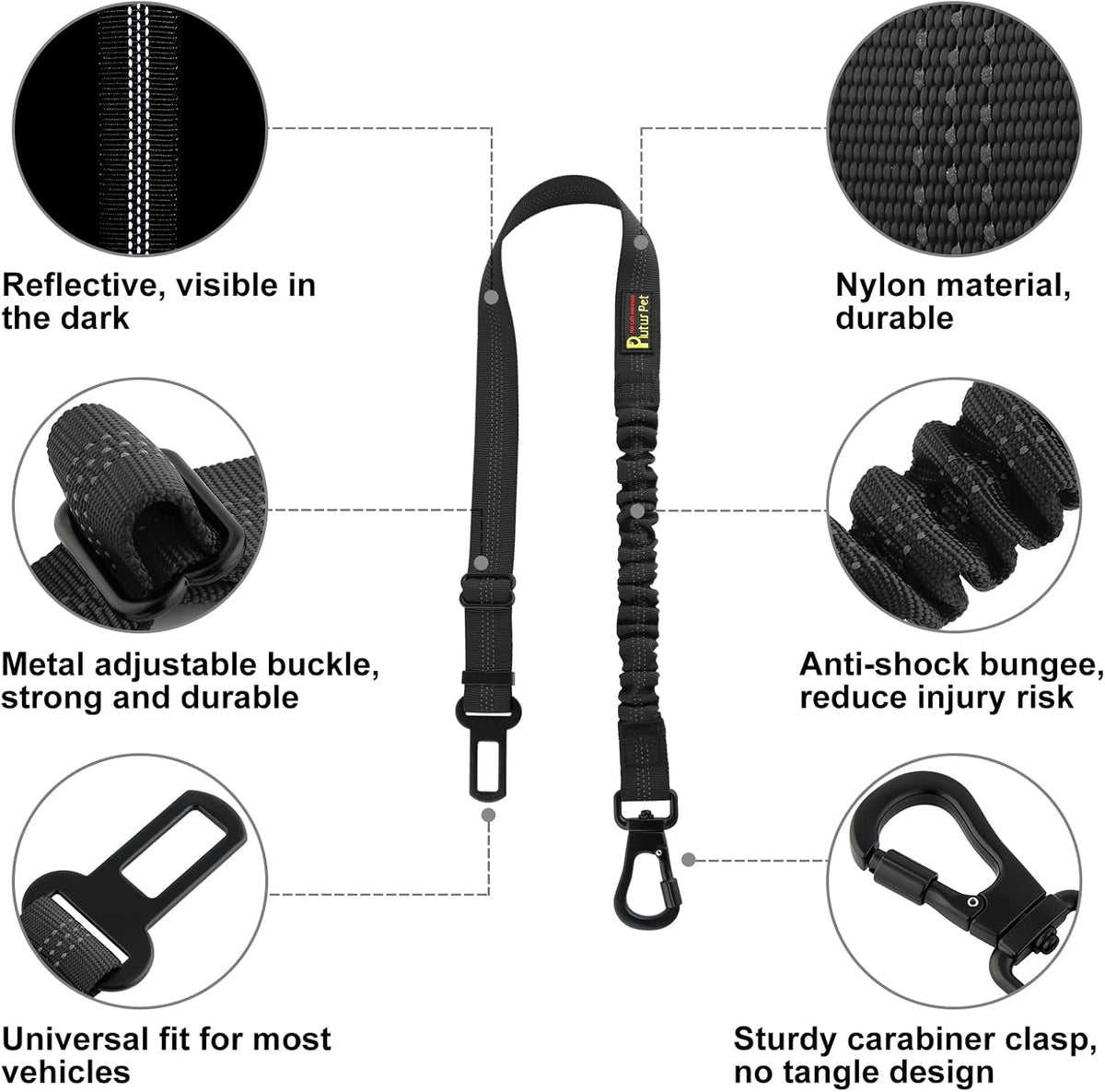 Plutus Pet Dog Seat Belt for Car, Adjustable Dog Car Harness with Carabiner Clip, Reflective Safety