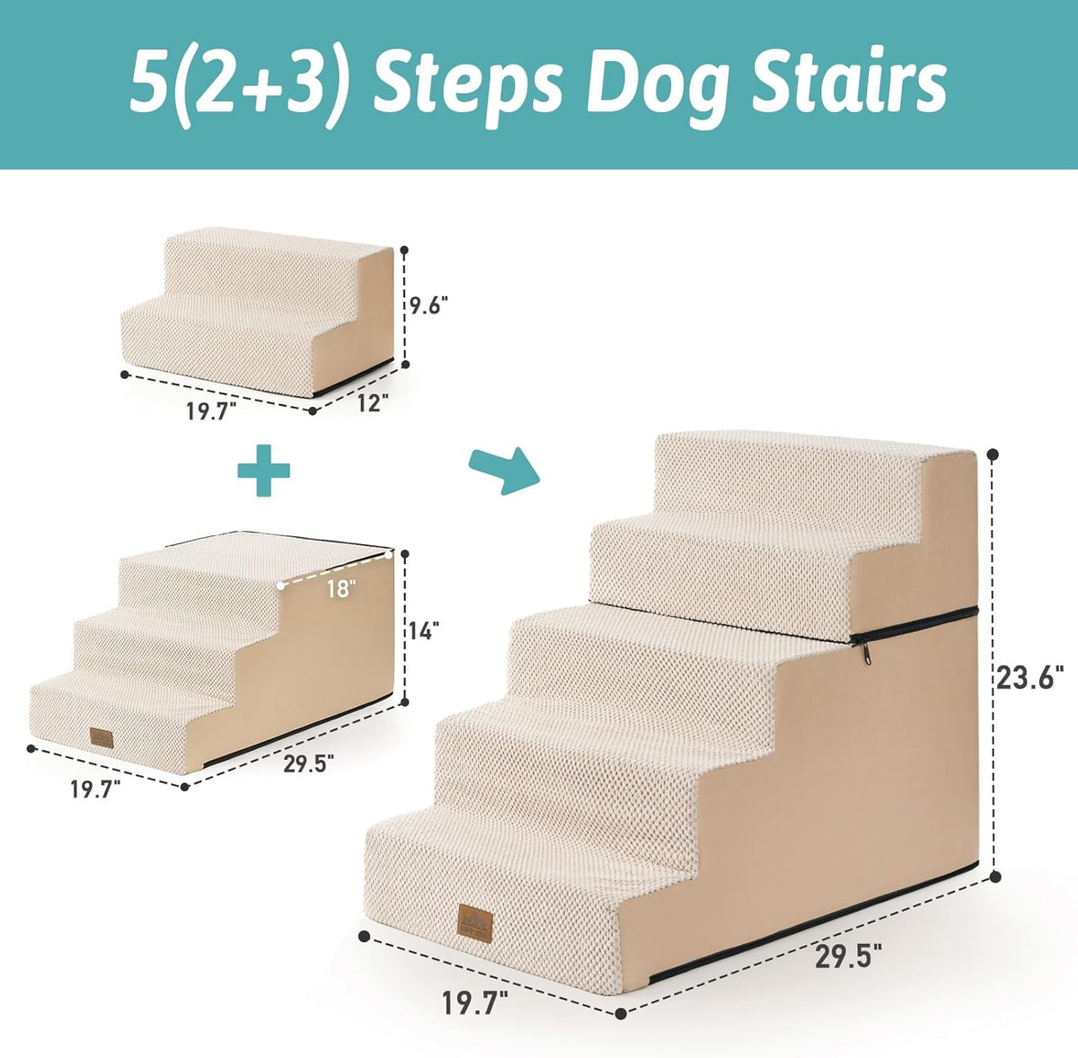Dog Stairs for Small Dogs, 5 Tier Removable Wider Pet Stairs for Couch and Bed, 23.6" H Non-Slip