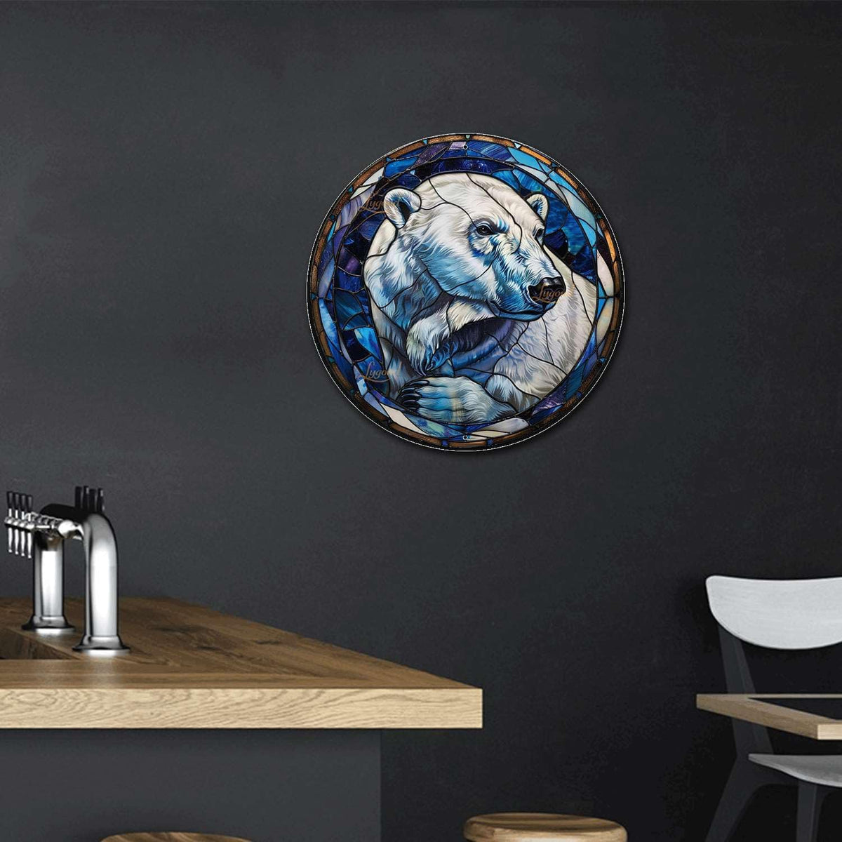 Lygond Metal Sign Tin Sign Circular Stained Glass Polar Bear Minimalist Wall Art for Gift 12×12
