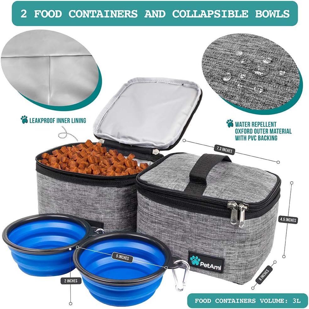 PetAmi Dog Travel Bag - Organizer with Food Container, Bowls & Accessories for Weekend Camping, Cat