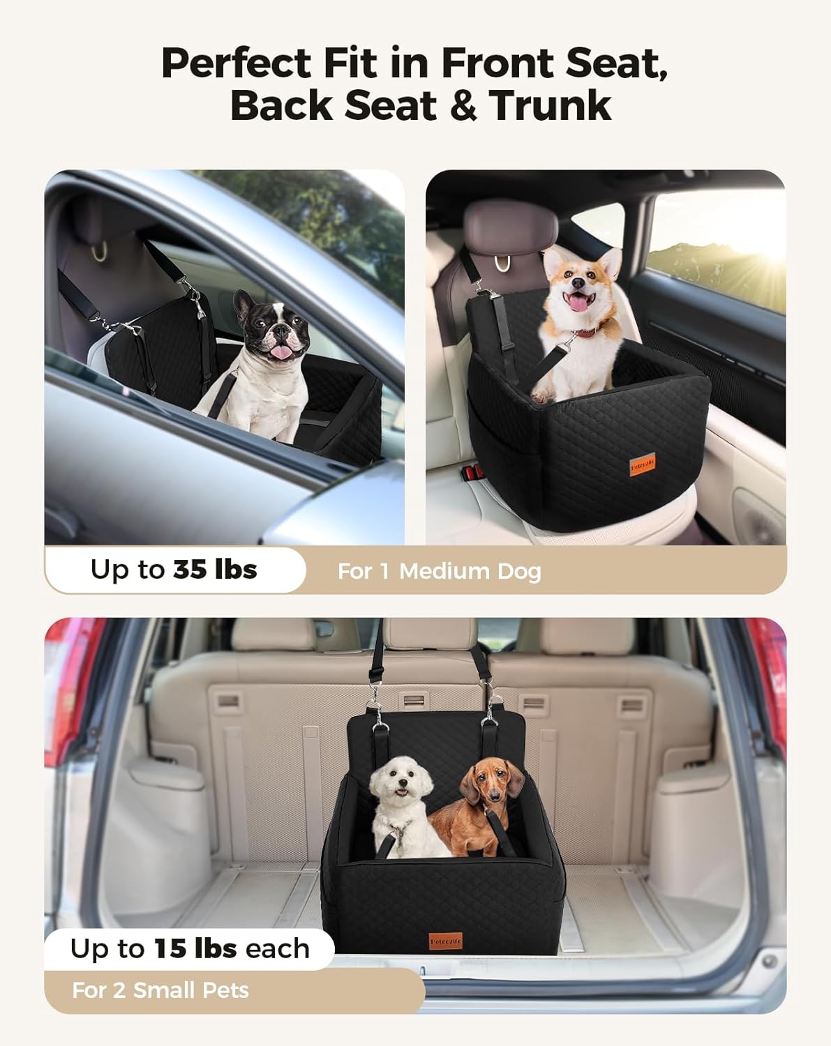 Dog Car Seat for Small & Medium Dogs Under 35lbs, Detachable & Washable Pet Car Seat, Interior