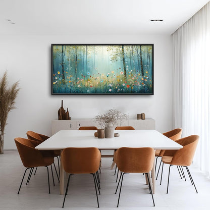 Large Forest Tree Wall Art for Living Room, Framed Oversized Wildflowers Wall Decor, Foggy
