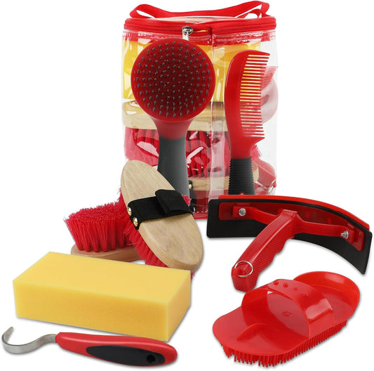 9 Pieces Grooming Kit with Tote Bag - Brush Set, Sweat Scraper, Sponge, Hoof Pick, Curry Comb for