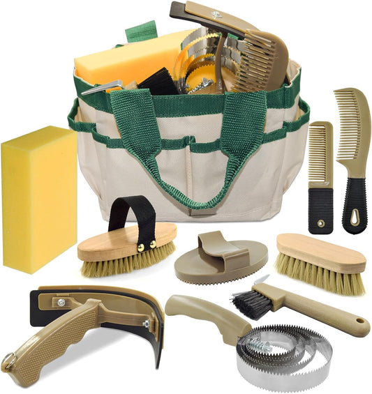 9 Pieces Horse Grooming Kit, Tack Room Supplies Set with Tote Bag, Horse Brush Set for Effective