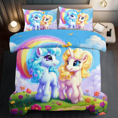 Unicorn Comforter Set Queen,Kawaii Unicorn Bedding Set Queen Kids,Rainbow Comforter Blue Bedroom