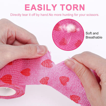 24 Pack Self Adhesive Vet Wrap & Medical Tape, 2 Inch x 5 Yards Cohesive Bandage Wrap - Pink Heart