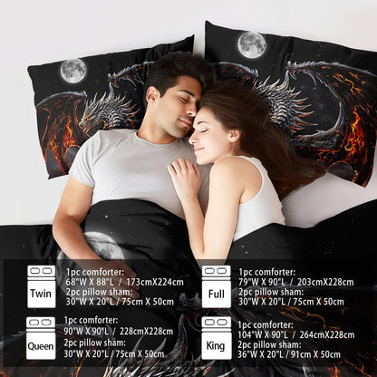 Black Dragon Comforter Set King Adult,Flame Dragon Bedding Set for Boys,Magical Beast Bedding