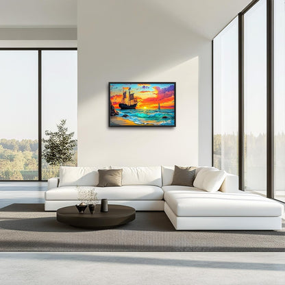Framed Large Ship Wall Art for Living Room, Oversized Coastal Beach Boat Wall Decor Nautical
