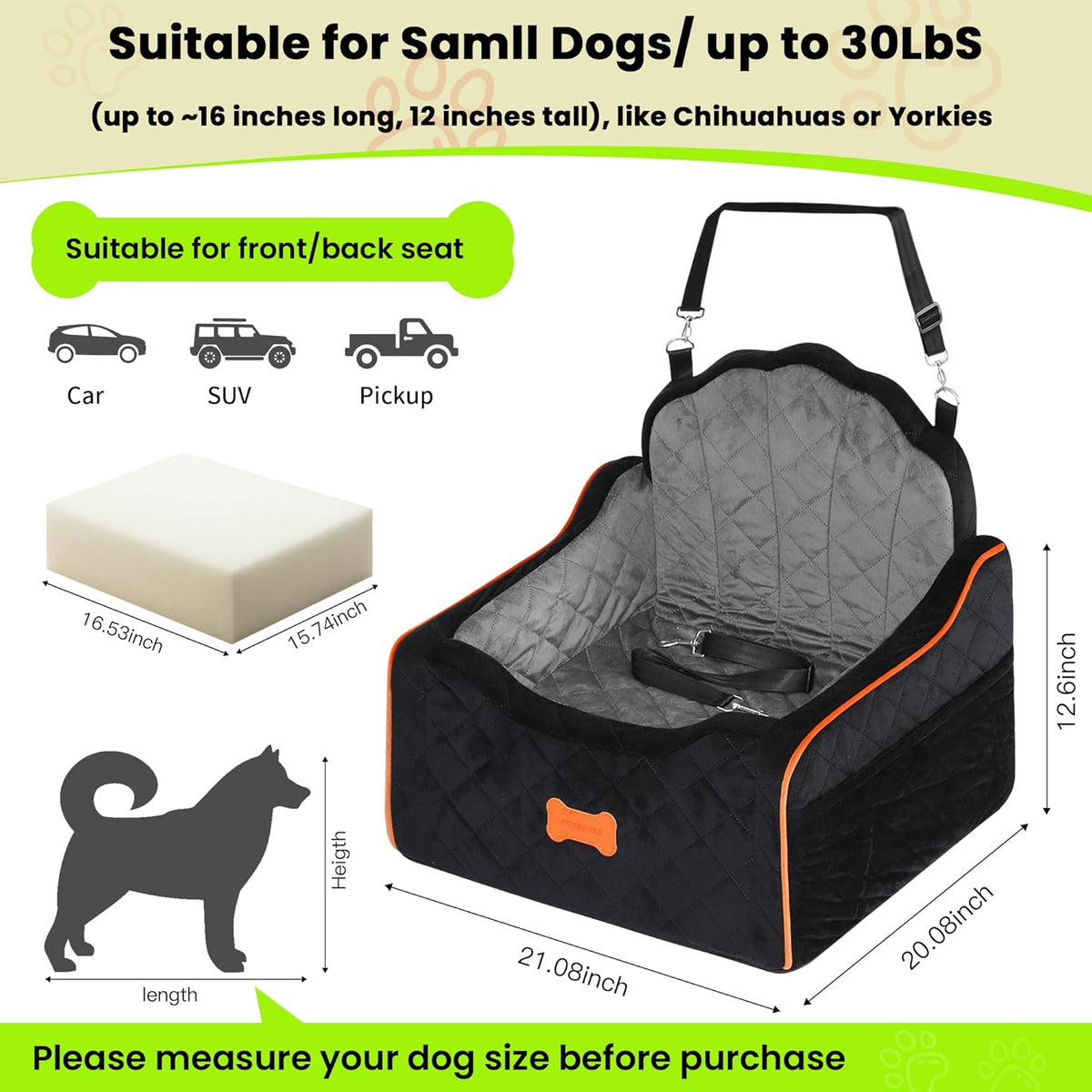 Dog Car Seat for Small Dogs Under 30lbs, Detachable Washable Pet Booster Seat with Safety Belt &